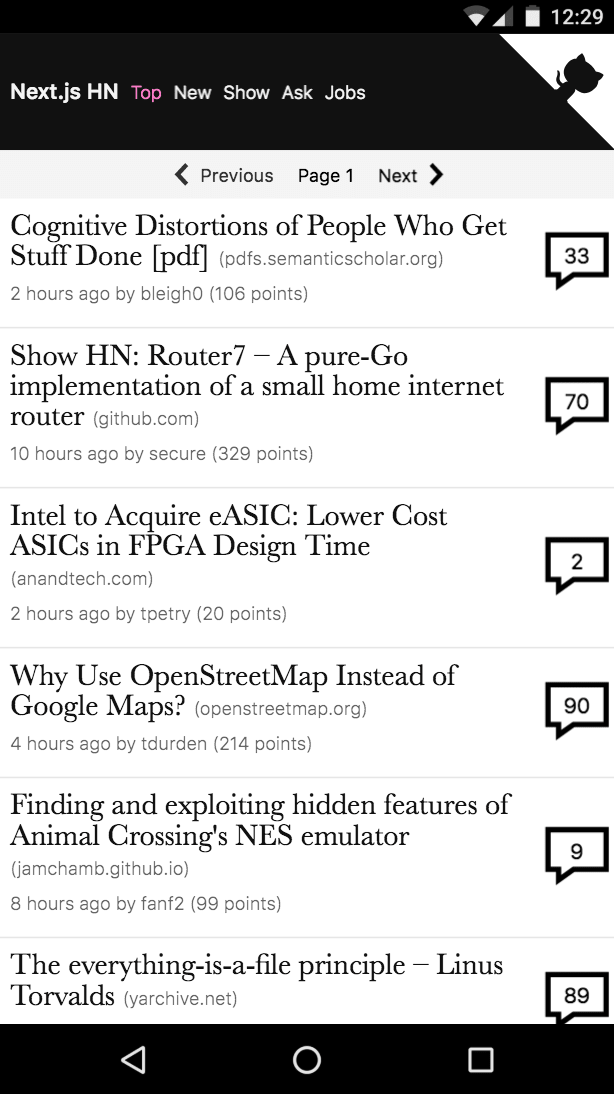 Next.js HN HN PWA running on a mobile phone
